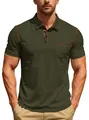 Close-up of olive green men's Polo shirt with pocket and contrast stitching detail - Army Green