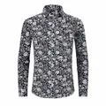 Men's retro floral print long sleeve shirt in black and white pattern style - 3XL / Top (Q7-5) / Navy Blue Floral Pattern