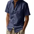 Camicia da uomo in lino blu scuro a maniche corte, stile estivo casual e traspirante. - Taglia S / Top / Blu navy