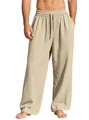 Detail of men's loose linen trousers showing the drawstring waist and beige fabric - Khaki