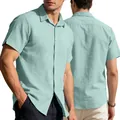 Front and back view of men's mint green linen short sleeve shirt with breathable fabric. - Light Green