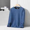 Premium men's blue-grey waffle knit crewneck sweatshirt in a soft wool silk blend - Blue Gray