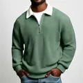 Casual men's sage green waffle knit quarter-zip sweatshirt with contrasting white polo collar - S / Tops / Army Green