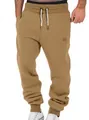 Detailansicht der khakifarbenen Herren-Jogginghose mit Kordelzug und elastischen Bündchen. - Karamellbraun