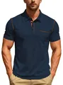 Men's navy blue short sleeve Polo shirt featuring stylish contrast stitching and chest pocket - S / Tops / Navy Blue