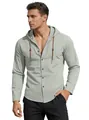 Men's sage green long sleeve hooded cotton linen casual shirt with drawstring and buttons - S / Tops / Gray