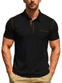 Casual men's black short sleeve polo shirt featuring orange contrast stitching and pocket - S / Tops / Black