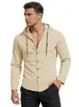Men's casual beige breathable linen-cotton hooded long sleeve shirt with drawstrings - S / Tops / Khaki