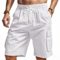 Detailed view of men's white cargo shorts featuring drawstring waist and large side pockets. - S / Bottom (YC-CY-55) / White
