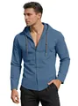 Men's casual blue cotton linen hooded long sleeve shirt for summer beach wear - Navy Blue