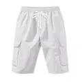 Detail view of white men's cargo shorts featuring multi-pockets and drawstring waist. - S / Bottoms / White