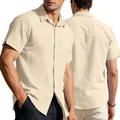 Men's summer linen-blend short sleeve shirt in cream color showing front and back views - S / Khaki