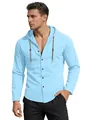Men's light blue long sleeve hooded linen shirt with drawstring - Light Blue