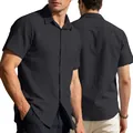 Premium black men's short-sleeved linen shirt with breathable fabric shown in front and back - S / Black
