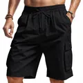 Close-up of black men's cargo shorts with elastic drawstring waist and side pockets. - S / Bottom (YC-CY-55) / Black