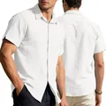 Men's white summer linen shirt featuring a breathable loose fit and classic lapel design - White