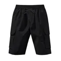 Front view of men's black cargo shorts featuring elastic waist and side pockets - S / Bottoms / Black