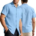 Casual men's light blue short sleeve linen shirt featuring a breathable loose fit design - Sky Blue