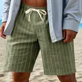 Men's casual green vertical striped linen-look summer shorts with adjustable drawstring - 3XL / Bottoms / Army Green