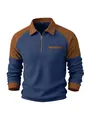 Detail of men's blue waffle knit quarter-zip polo with brown contrast collar and sleeves - S / Tops / Navy Blue