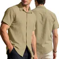 Premium breathable men's summer linen short sleeve shirt in khaki with a casual loose fit - M / Army Green