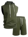 Detail of olive green textured knit sleeveless hoodie and matching sports shorts set. - Army Green