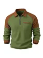 Close-up detail of the waffle knit texture and contrast collar on men's sweatshirt - Army Green