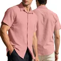 Men's summer casual linen short sleeve shirt in coral pink with breathable fabric texture - S / Lotus Pink