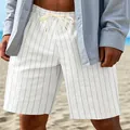 Men's white vertical striped linen-look casual beach shorts with a drawstring - S / Bottoms / White