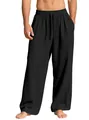 Men's loose linen casual trousers in black with adjustable drawstring waist - S / Bottoms / Black