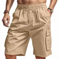 Detail of khaki men's cargo shorts with drawstring waist and big cargo pockets - S / Bottom (YC-CY-55) / Dark Khaki