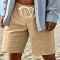 Men's summer vertical striped linen-style casual shorts in khaki beige with drawstring - 3XL / Bottoms / Khaki