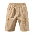 Front view of khaki men's cargo shorts with drawstring waist and large side pockets. - S / Bottoms / Khaki