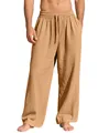 Men's loose linen-like casual drawstring trousers in a solid khaki sand color variant - Earthy Yellow