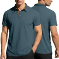 Men's stylish dusty blue short sleeve polo shirt with an orange contrast collar detail - S / Navy Blue