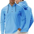Light blue men's Henley collar hooded sweatshirt with long sleeves and black drawstrings. - S / Light Blue