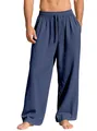 Relaxed fit men's navy blue linen casual trousers with elastic drawstring waist - Navy Blue