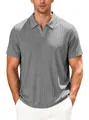 Detailed view of grey short-sleeve polo shirt with vertical ribbed towel jacquard fabric - Marl Grey
