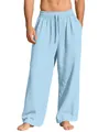 Comfortable light blue men's loose linen casual pants with drawstring waist and side pockets - Light Blue