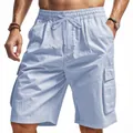 Detail van lichtblauwe cargo shorts voor heren met trekkoord en veel handige zakken - Lichtblauw