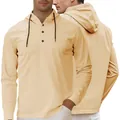 Men's casual beige long-sleeved Henley hoodie featuring a buttoned placket and hood - S / Apricot