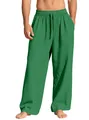 Loose fit men's casual linen trousers in deep green color with adjustable drawstring waist - Verdant