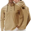 Men's khaki hooded long sleeve henley shirt featuring a three-button placket and drawstring hood - S / Khaki