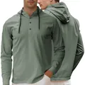 Men's sage green long sleeve hooded Henley shirt made of lightweight breathable fabric - S / Gray