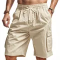 Detailweergave van ademende beige cargo shorts met een elastische tailleband met koord - Abrikoos