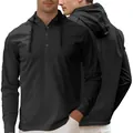 Men's casual black long sleeve hooded Henley shirt featuring a front three-button placket. - Black