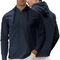 Men's navy blue long sleeve hooded sweatshirt with a classic Henley button collar - Navy Blue