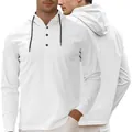 Men's white long sleeve hooded sweatshirt with three-button Henley collar detail - White