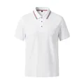 Classic white men's short sleeve polo shirt with red, white and blue striped ribbed collar. - S / Tops / White