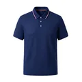 Solid navy blue men's short sleeve polo shirt with a stylish striped collar detail - S / Tops / Navy Blue